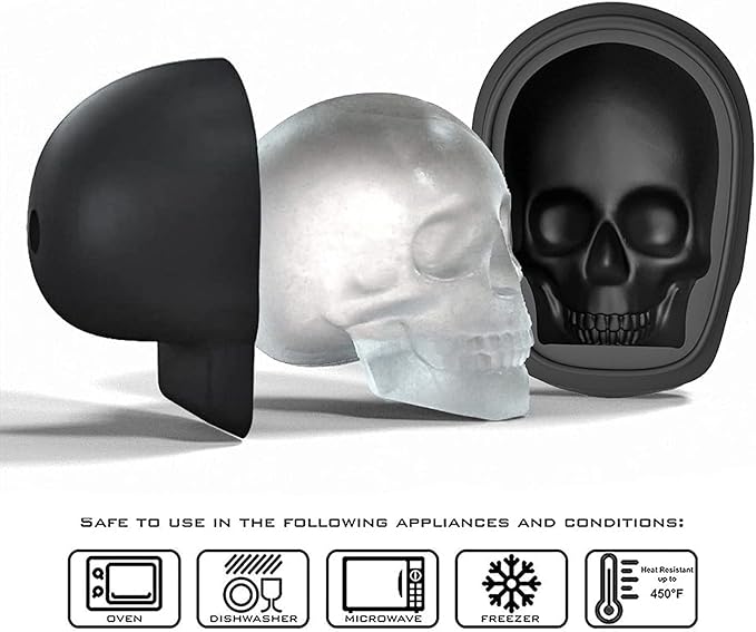 JETKONG 2 Pack Large Skull Ice Mold Silicone Ice Cube Tray 3D Skull Maker for Whiskey, Cocktails, Juice, Chocolate and Cakelet
