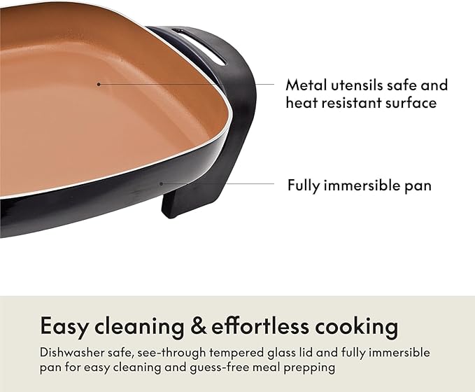 BELLA Electric Skillet and Frying Pan with Glass Lid, Nonstick Coating, Cool Touch Handles, Removable Heating Probe, Dishwasher Safe, 12 x 12 inch, Copper