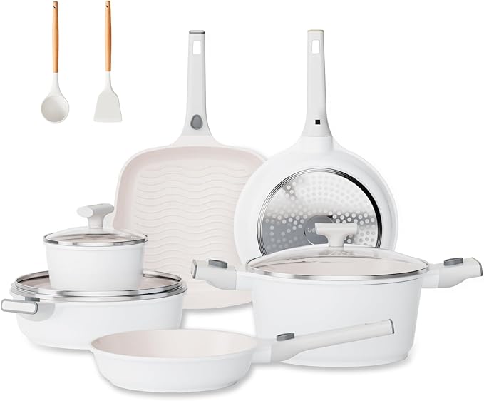 JEETEE Nonstick Pots and Pans Set with Removable/Detackable Handle (Beige, 22 Pcs)