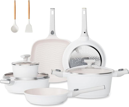 JEETEE Nonstick Pots and Pans Set with Removable/Detackable Handle (Beige, 22 Pcs)