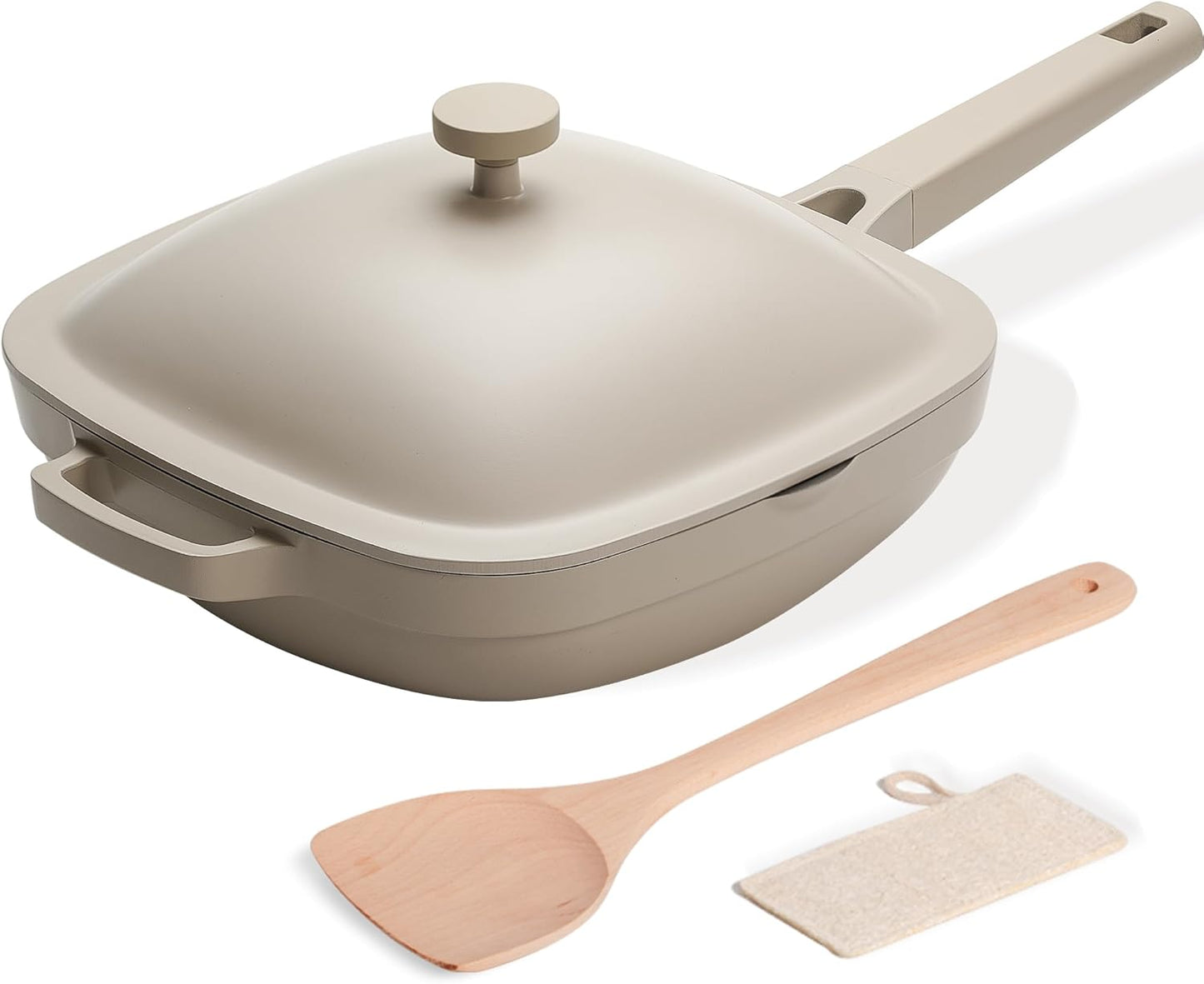 10.5 Inch(3.8QT) Ceramic Pan with Lid,Non Stick Frying Pans Cast Aluminum Deep Sauté Pans,Ti-Ceramic Non Toxic Pix Pan with Wooden Spatula and Scrubber-Morning Mist