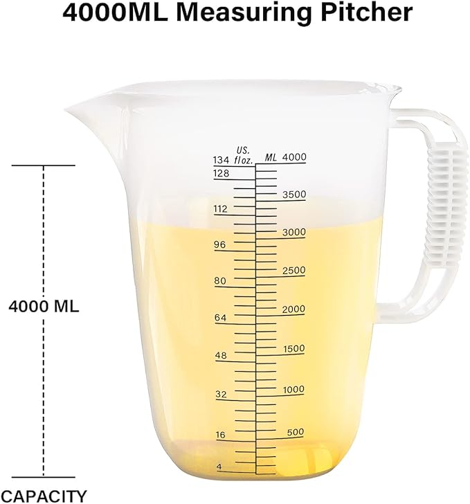 Luvan 1 Gallon Measuring Pitcher, Large Measuring Cup with Spout and Handle, 134oz Plastic measuring pitcher with Conversion Chart, 1 Gallon Measuring Container for Motor Oil, Chemicals, Pools, Lawns