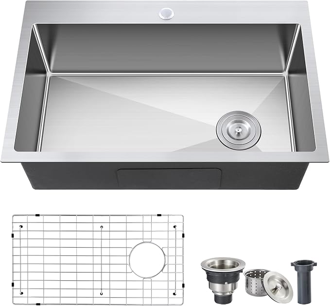 ROVOGO 25x18x9 Drop-in Kitchen Sink Single Bowl with Offset Drain Assembly and Bottom Grid, 304 Stainless Steel Handmade Modern Sink Top Mount with 1 Faucet Hole, Brushed