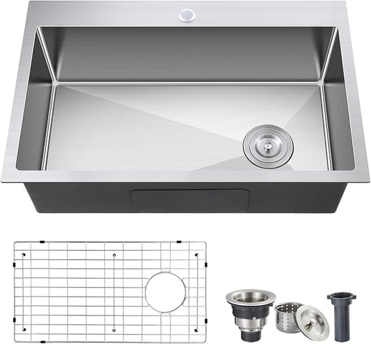ROVOGO 25x18x9 Drop-in Kitchen Sink Single Bowl with Offset Drain Assembly and Bottom Grid, 304 Stainless Steel Handmade Modern Sink Top Mount with 1 Faucet Hole, Brushed
