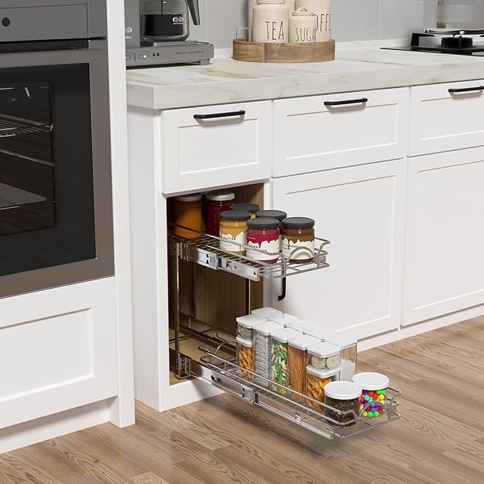 OCG 2 Tier Pull Out Cabinet Organizer (7.5" W x 21.5" D), Pull Out Drawers for Kitchen Cabinets, Pull Out Shelves for Base Cabinet Organization in Kitchen Bathroom Pantry, Chrome Finish