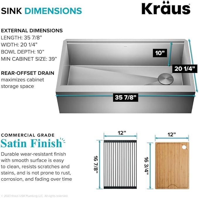 KRAUS Kore 36-Inch Farmhouse Workstation 16 Gauge Single Bowl Stainless Steel Kitchen Sink with Accessories, KWF210-36