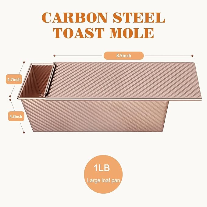 2Pack Bread Loaf Pan with Lids – 1 LB Dough Capacity, Non-Stick Carbon Steel Pullman Loaf Pan for Homemade Sandwich and Sourdough Bread, Corrugated Toast Mold Gold