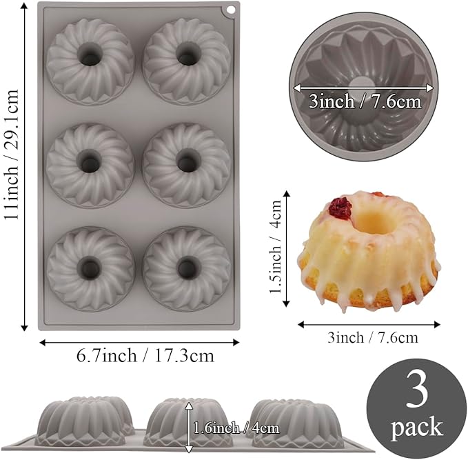 3Pcs Mini Bundt Cake Pans for Baking, 6-Cavity Silicone Bundt Cake Pan Nonstick, Small Bundtlette Cake Silicone Mold for Cupcakes, Donuts, Cornbread, Brownies, Jellies
