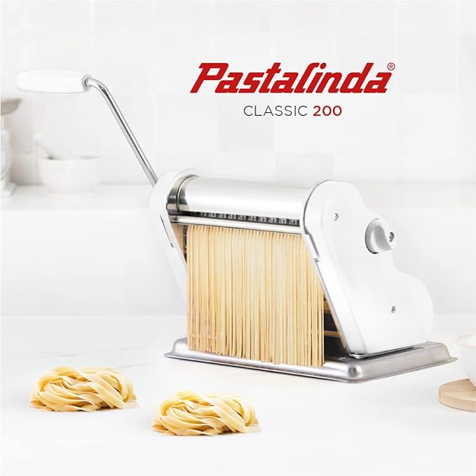 PASTALINDA Classic 200 Pasta Maker Machine, 20 cm Wide Rollers, 9 Thickness Positions, 2 Cutting Positions, Stainless Steel. Includes Reinforced Hand Crank And Two Clamps