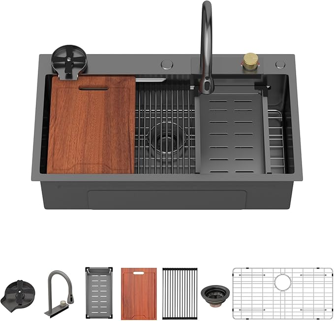 Lordear 33 Watefall Kitchen Sink Drop In - 33x19X9 Sink Stainless Steel 16 Gauge Single Bowl Multifunctional Workstation Sinks with Built-in Accessories,Glass Rinser and Faucet Included