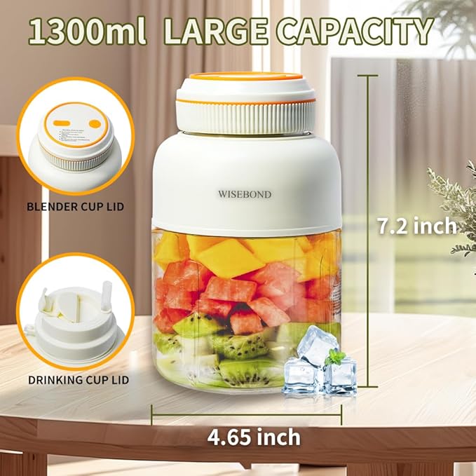 WISEBOND Portable Smoothie Blender for Shakes & Smoothies 43oz 1300ML large Capacity Cordless Juicer Cup Sharp Blades Powerful Blending Juice Vegetable Crush Small Ice for Kitchen Gym Outdoor