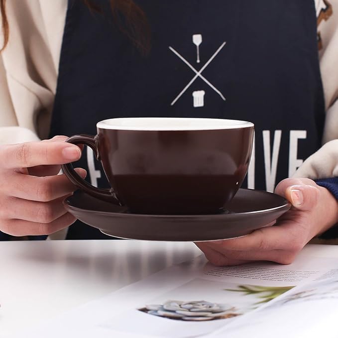 Latte Art Cup and Saucer Cappuccino & Americano, New Bone China, Mate for Coffee Shop and Barista (Matte Brown, 8.5 oz)