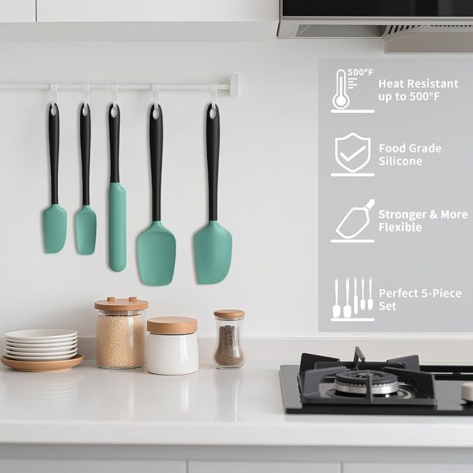 Coukre Silicone Spatula Set of 5,High Heat Resistant, Food Grade Silicone, Upgraded Extended Reinforced Handle,Dishwasher Safe, for Baking, Cooking (Aqua Green Black, Color block)