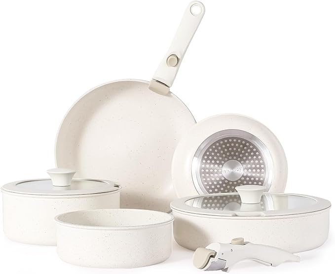 Non Stick Pot and Pan Set with Removable Handle, Ceramic Cookware Set Detachable Handle, Induction Kitchen Camping Stackable Pots Pans, Dishwasher/Oven Safe, Cream