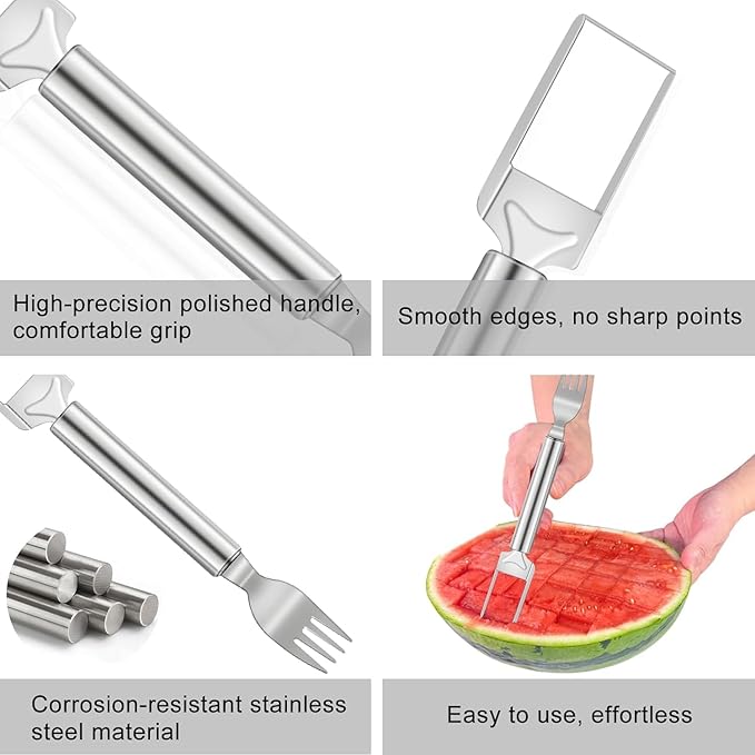 2Pcs Watermelon Cutter Slicer Tool, Stainless Steel 2-in-1 Watermelon Fork Slicer, Portable Watermelon Fork Watermelon Cutter Slicer Tool Fruit Forks Slicer for Home Party Camping Kitchen (2, Silver)