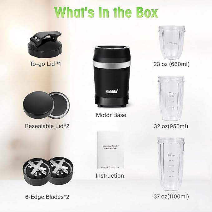 Nahida Blender for Smoothies, 1200W Smoothie Blender for Ices Crushing, Blenders with (2) 6-Fin Blades, Personal Blenders for Kitchen with 23oz, 32oz, 37oz Easy Go Cups for Juices, Black