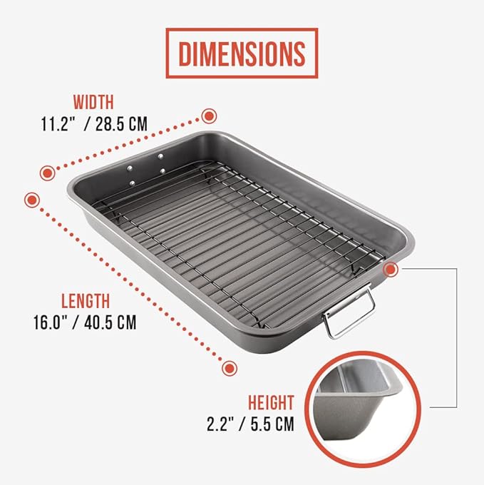 Chef Pomodoro Nonstick Carbon Steel Large Roasting Pan with Rack, Turkey Roasting Pans for Oven, Roaster Pan with Flat Rack, Turkey Pan for Oven, Bakeware Grey