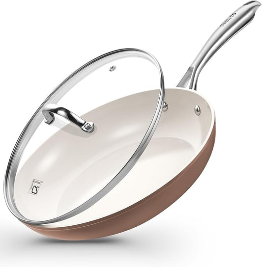 KOCH SYSTEME CS 10 Inch Nonstick Frying Pan with Lid, Ceramic Non Stick Frying Pans, Non Toxic Pans for Cooking, Induction Compatible Skillet, Free of PFOA & PTFE, Dishwasher & Oven Safe, Brown