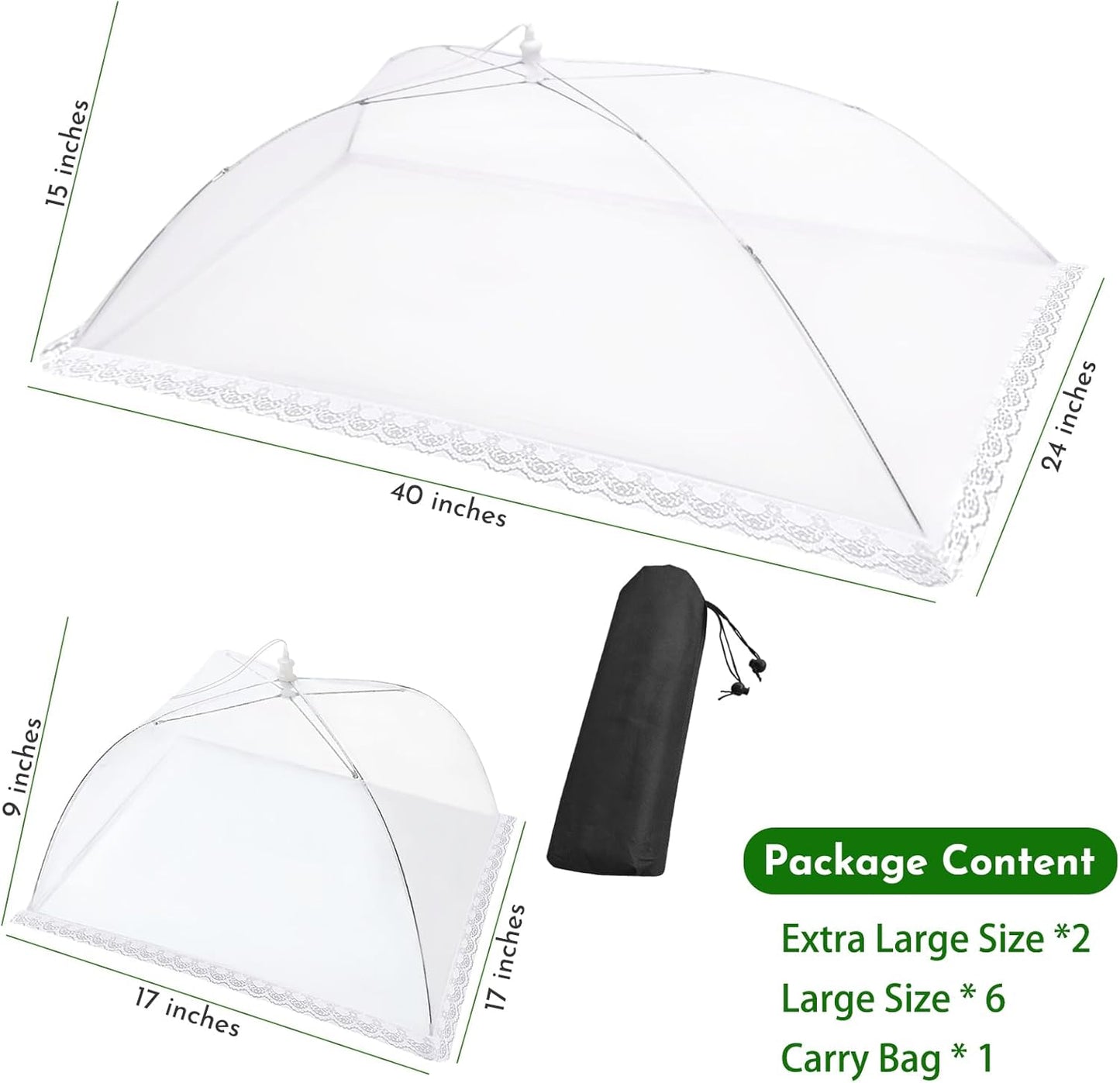 Mesh Food Covers for Outside - 8 Pack Upgraded 2 Extra Large 40x24 in & 6 Large 17x17 in Food Tent Food Cover Outdoors Party Collapsible Picnic Nets Umbrella Mesh Screen Pop Up Food Dome (White)