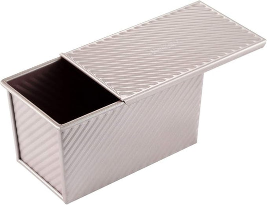 CHEFMADE Pullman Loaf Pan with Lid, 1Lb Dough Capacity Non-Stick Rectangle Corrugated Toast Box for Oven Baking 4.2" x 7.7"x 4.4"(Champagne Gold)