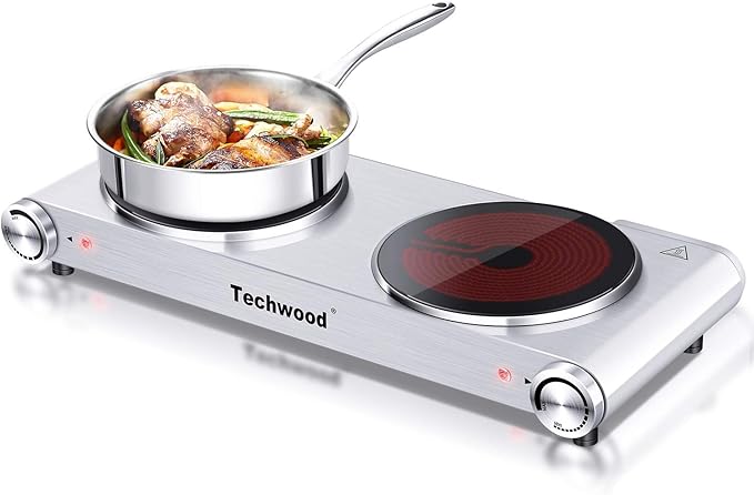 Hot Plate, Techwood 1800W Dual Electric Stoves, Countertop Stove Double Burner for Cooking, Infrared Ceramic Hot Plates Double Cooktop, Silver, Brushed Stainless Steel Easy to Clean Upgraded Version