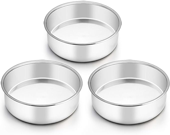 TeamFar 6 Inch Cake Pan, Round Cake Pan Tier Baking Pans Set Stainless Steel, Fit in Pot Pressure Cooker Air Fryer, Healthy & Toxic Free, Mirror Finish & Sturdy, Oven & Dishwasher Safe - Set of 3
