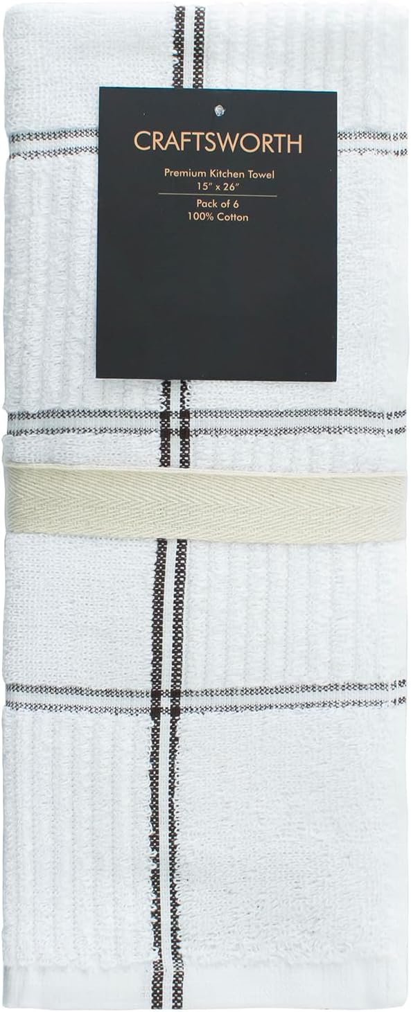 CRAFTSWORTH Kitchen Towels, 15 x 26 Inches, Pack of 6, 400 GSM, 100% Ring Spun Cotton, Beige Combo Windowpane Dish Towels Super Soft and Absorbent, Tea Towels and Bar Towels