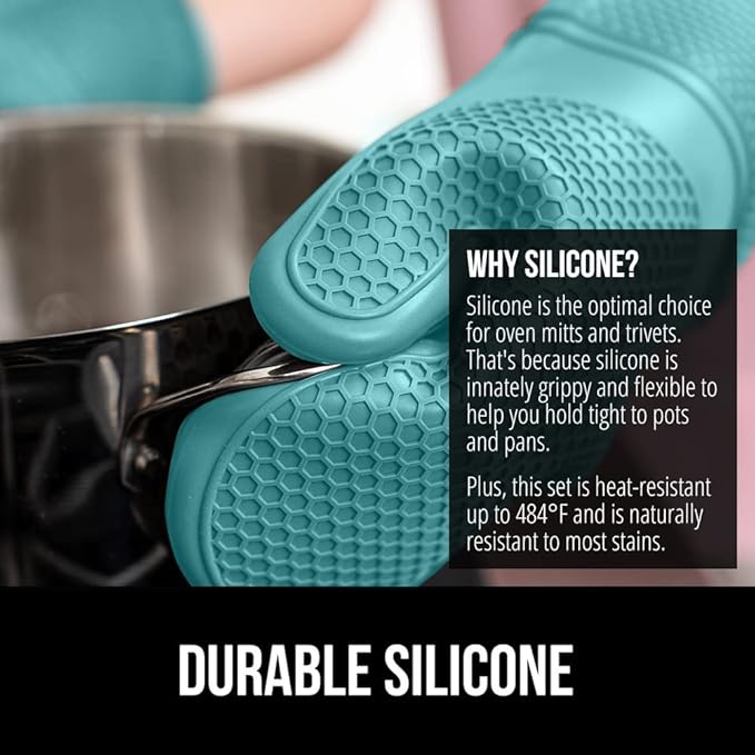 GORILLA GRIP BPA-Free Soft Silicone Oven Mitts and Pot Holders Sets, Heat Resistant Waterproof Cooking Gloves, Thick Cotton Lining, Flexible Gripping for Baking Grilling, Kitchen Trivets, Turquoise