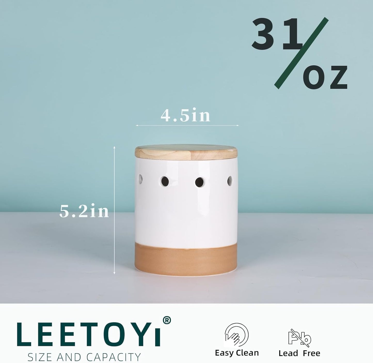 LEETOYI Garlic Keeper with Wooden Lid, Ceramic Garlic Holder Storage Container for Countertop, Saver to Keep Garlic Cloves Fresh Longer