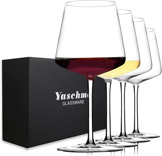 Wine Glasses Set of 4- Hand Blown Crystal, 18 oz Modern Glasses with Tall Stem for Red White Wine, Great Gift Packaging for Daily Use,Unique Wedding Anniversary or Birthday Gift