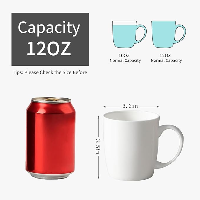 Luxury Bone China Mug Set (12 oz, Set of 4) – White Fine Porcelain Mugs for Tea, Coffee, Latte Art, Barista Use, Elegant Gifting