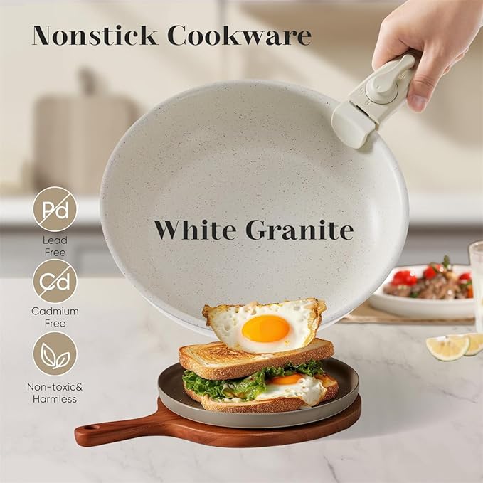 12 Pcs Pots and Pans Set, Nonstick Kitchen Cookware Sets Detachable Handle, Induction Healthy Non Stick RV Cookware, Dishwasher ＆ Oven Safe, Beige