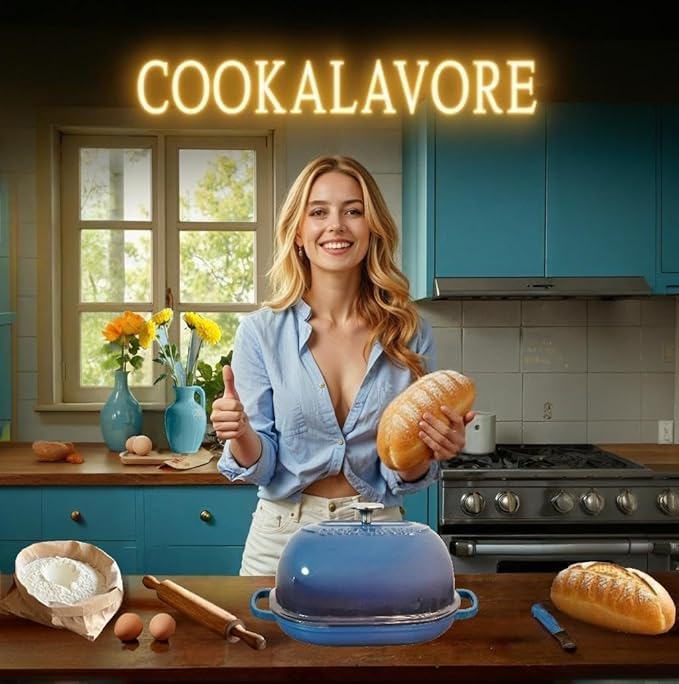 Cast Iron Bread Oven,6 QT Bread Oven,Thick Enameled Loaf Pan with Lid,Bread Pans for Homemade Bread,14.5"Dutch Oven for Bread Baking,Dutch Oven-with Silicone Baking Mat&Recipe,Gifts for Family,Blue