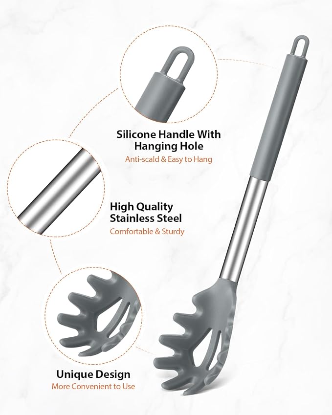 Silicone Spaghetti Spoon & Pasta Tong, Non-Stick Stainless Steel Handle Pasta Fork Set with Teeth, Food Clip for Easy Serving of Noodles(Grey)