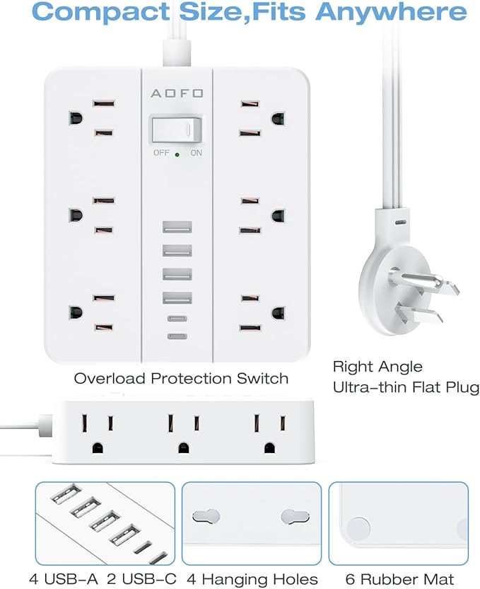 15FT Surge Protector Power Strip,12 AC Outlets with 6 USB Ports (2 USB-C), Flat Plug Extension Cord with Multiple Outlets, Wall Mount for Home Office,Dorm, White