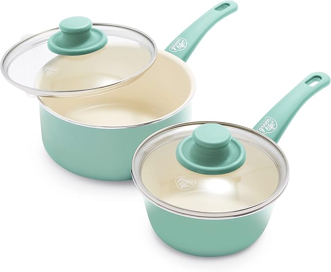 GreenLife Soft Grip 1QT and 2QT Saucepan Set, Healthy Ceramic Nonstick, Non Toxic PFAS & PFOA-Free, Dishwasher Safe, Glass Lids, Stay-Cool Handles, Easy Clean Cookware, Kitchen Essentials, Turquoise