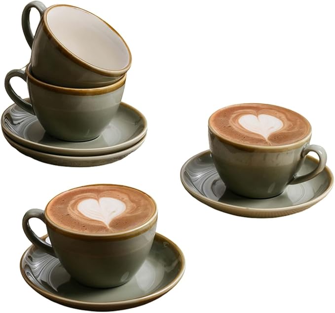 SHUER Ceramic Latte Coffee Cup Set of 4, 11.2 Oz Tea Cup and Saucers Sets,Glaze Americano Cups and Macchiato Coffee Cups,Low Tea Time Mug Set Great for Party (Light Cyan 320ML)