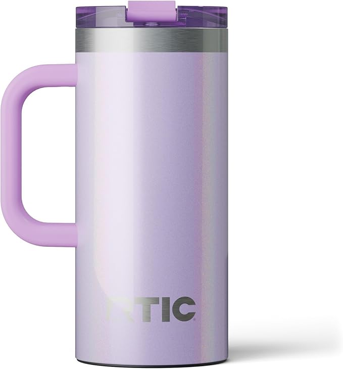 RTIC 16oz Road Trip Travel Mug with Lid and Handle, Ceramic Lined, Insulated, Stainless Steel, Metal, Double Wall Vacuum-Insulation, Portable Coffee, Tea Cup for Hot and Cold Drink, Lavender Glitter