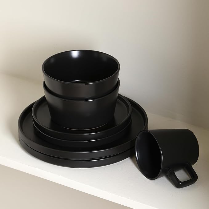 Stone Lain Celina Stoneware 32 Piece Dinnerware Set, Plates and Bowls, Black Matte Dish Collection, Service for 8 – Contemporary Minimalist Style, Microwave & Dishwasher Safe