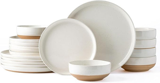 AmorArc Ceramic Dinnerware Sets for 6, 18 Pieces Handpainted Plates and Bowls Set with Rustic Terracotta Underside, Scratch Resistant Stoneware Dishes Set, Dishwasher & Microwave Safe,Light Beige