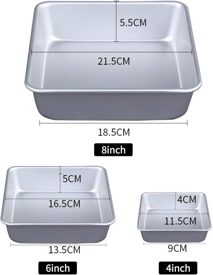 Set of 3 Anodized Aluminum 3-Tiered Even Square Cake Pan Set, Multilayer Wedding Birthday Anniversary Baking Cake Tins 4.5" 6.5" 8.5"