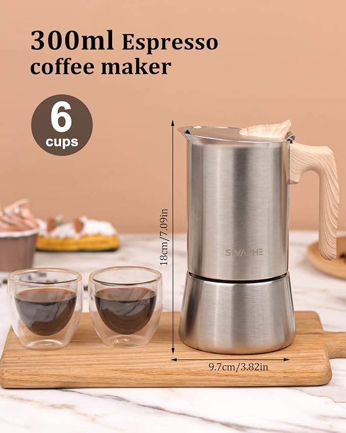 Sivaphe Stainless Steel Stovetop Espresso Coffee Maker, 6cups Espresso pot, 300ml Moka Campaing Coffee Pot, Induction Italian Mocha Pot with Step-by-step Instructions(1 Cup=50ml)
