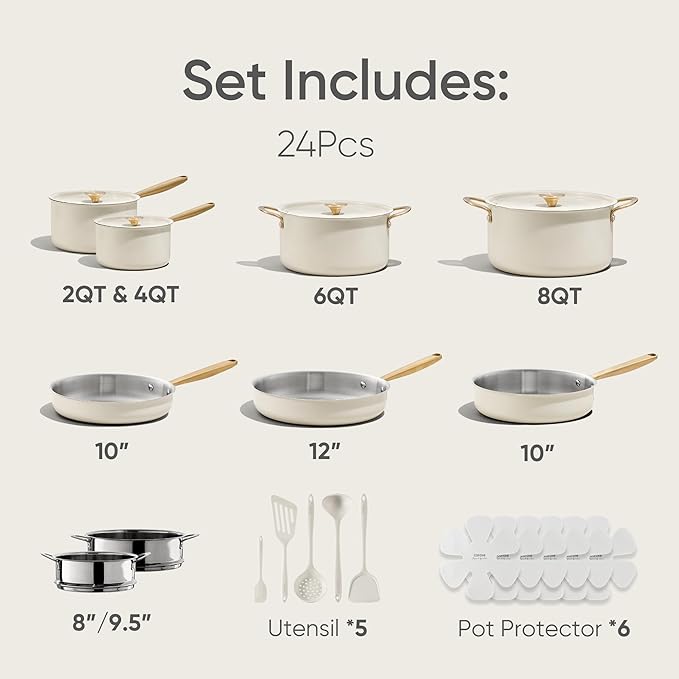 CAROTE 24pcs Tri-Ply Stainless Steel Cookware Set, Pots and Pans Set, Non Toxic Induction Kitchen Cooking Sets, Cookware Collection, Outer Ceramic Layer, Cream White