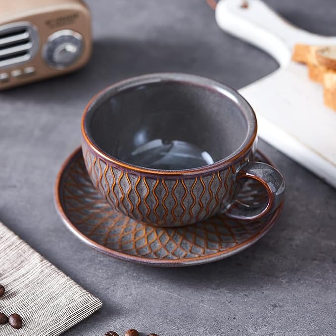 Vintage Design 12 oz Ceramic Latte Art Cappuccino Barista Cup with Saucer (Embossed Grey)