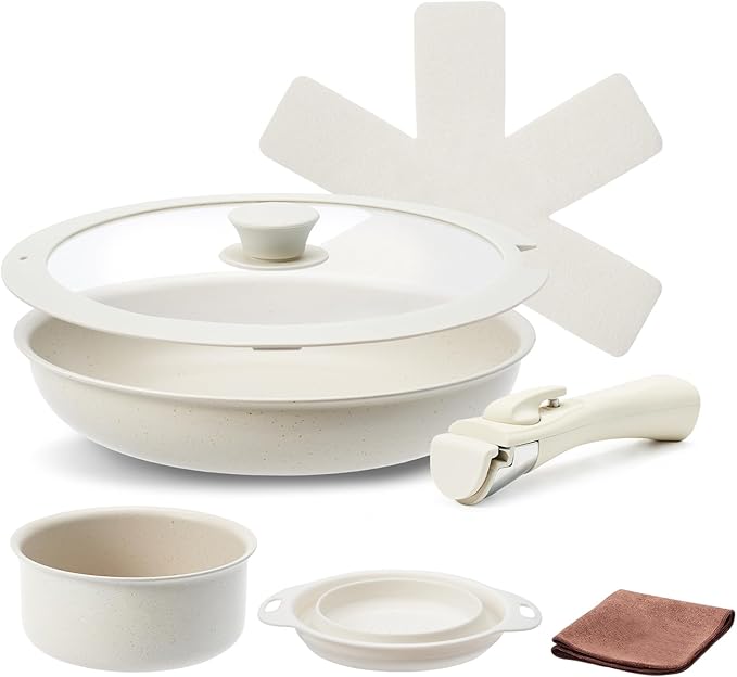 7Pcs Non Stick Pots and Pans Set, Ceramic Cookware Set with Detachable Handle, PFAS-Free, Oven & Induction Safe (White)