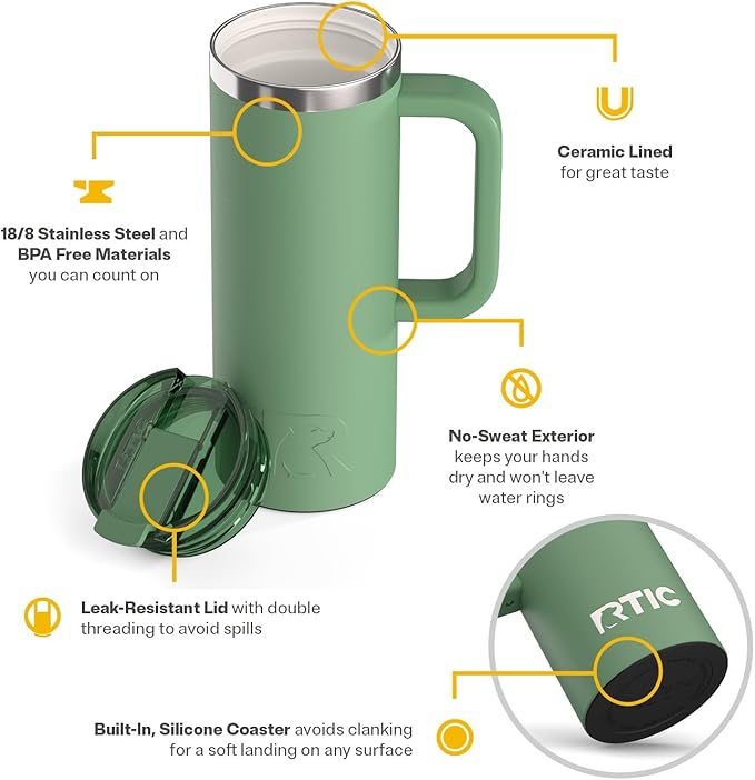 RTIC 20oz Road Trip Travel Mug with Lid and Handle, Ceramic Lined, Insulated, Stainless Steel, Metal, Double Wall Vacuum-Insulation, Portable Coffee, Tea Cup for Hot and Cold Drink, Sage