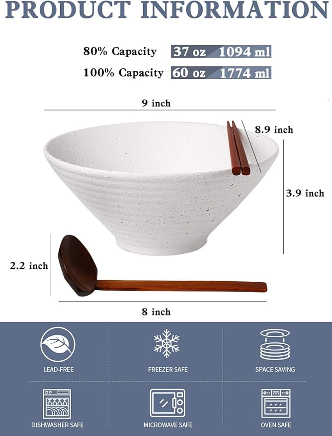 Kanwone Ceramic Japanese Ramen Bowl Set, Noodle Soup Bowls - 60 Ounce, with Matching Spoons and Chopsticks for Udon Soba Pho Asian Noodles, Set of 2, White
