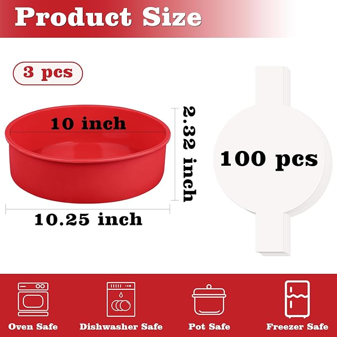 HUAKENER 10 Inch Round Cake Pan, 3 Pack Silicone Cake Molds with 100 Pieces Parchment Paper, Nonstick Cake Molds for Birthday Cakes, Layer Cakes, Cheese Caks, Chocolate Cakes