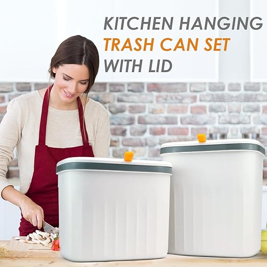 3.3+2.6 Gallon Kitchen Compost Bin for Counter Top or Under Sink, 2-in-1 Combo Pack Kitchen Hanging Trash Can Set with Lid, Plastic Wall-Mounted Garbage Can for Cupboard, Office