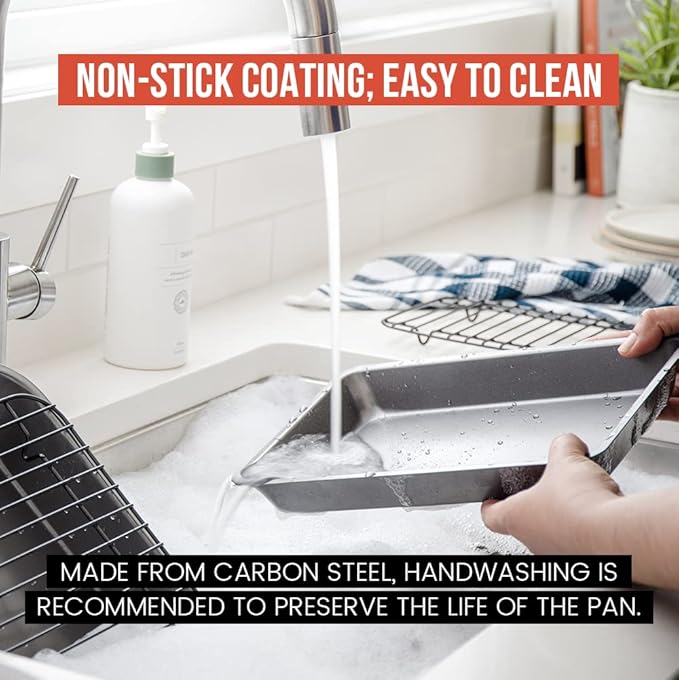 Chef Pomodoro Nonstick Carbon Steel Large Roasting Pan with Rack, Turkey Roasting Pans for Oven, Roaster Pan with Flat Rack, Turkey Pan for Oven, Bakeware Grey